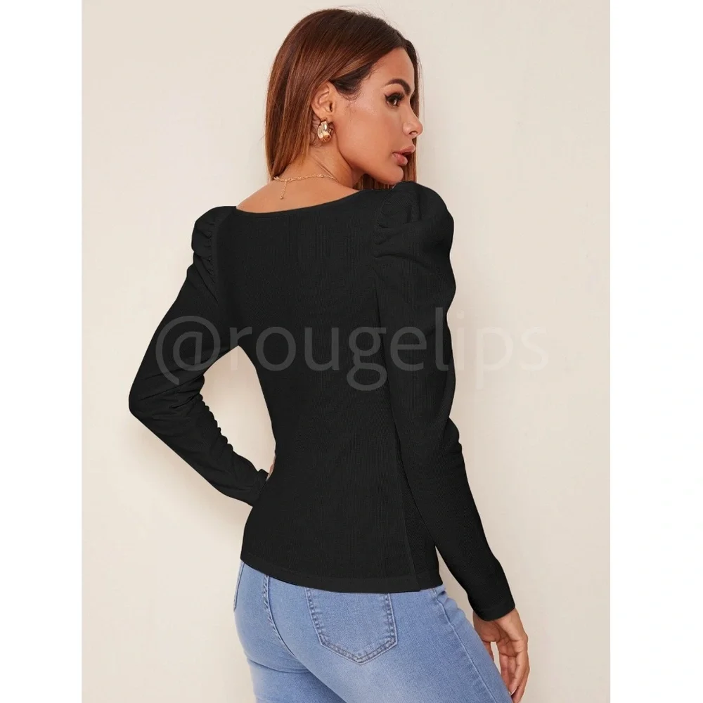 Black Rib Knit Square Neck Puff Long Sleeve Slim Fit Shirt Top - Picture 4 of 6